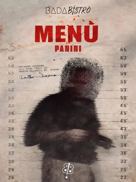 Locandina del Bada Bistrò «Menù Panini»: una sagoma da foto segnaletica con un'impronta digitale al posto del viso
